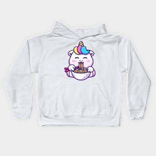 Cute unicorn eating ramen with chopstick cartoon Kids Hoodie